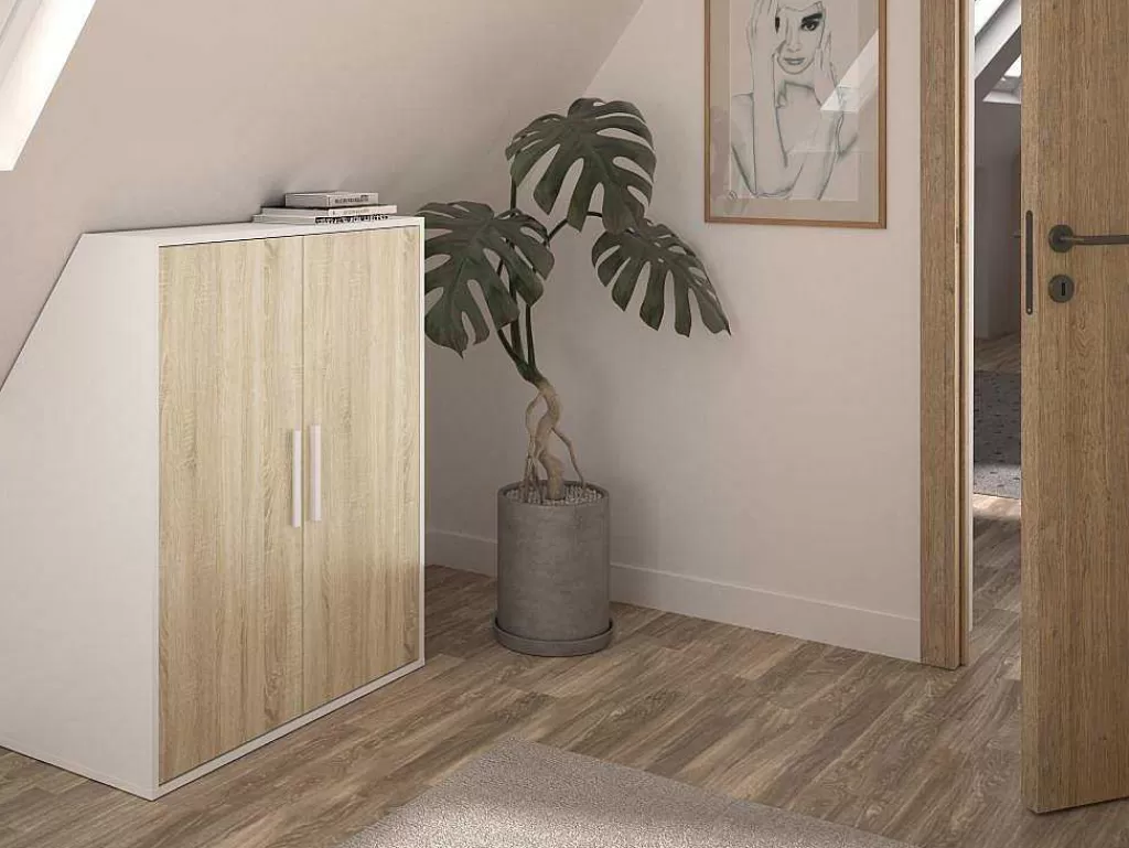 Arrumação E Acessórios De Quarto*Vente-unique Armário Com Inclinacao 2 Portas Branco E Natural - Adezio