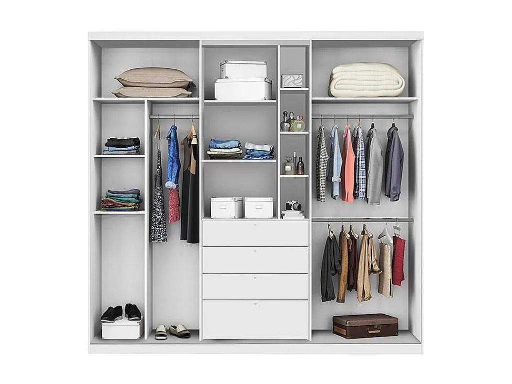 Armário E Roupeiro*Vente-unique Armário Com Portas Deslizantes Espelho E Gavetas C.240Cm Branco - Bodil