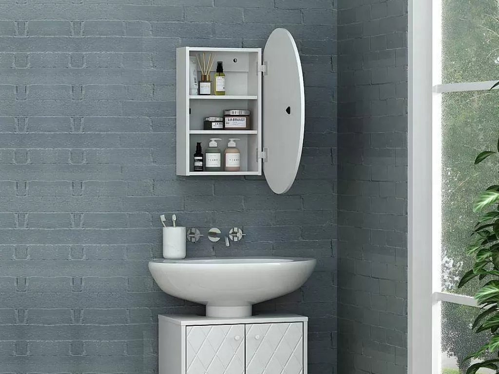 Móvel De Parede Para Casa De Banho*Vente-unique Armário De Parede Oval Para Casa De Banho Com Espelho Cor Branco - Ruri
