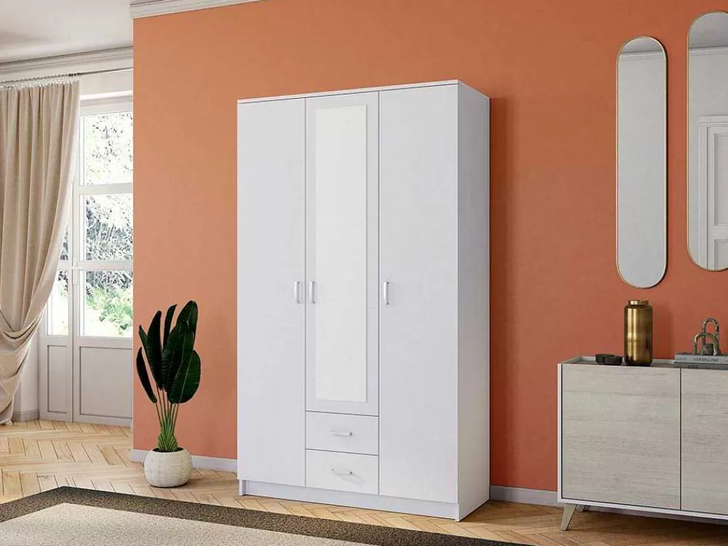 Armário E Roupeiro*Vente-unique Armário Olessia - 3 Portas & 2 Gavetas - Com Espelho - C120 Cm - Branco