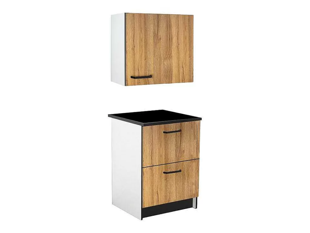 Móvel De Cozinha*Vente-unique Armários De Cozinha, 1 Móvel Baixo E 1 Móvel Alto, 2 Gavetas E 1 Porta Cor Natural E Preto - Trattoria