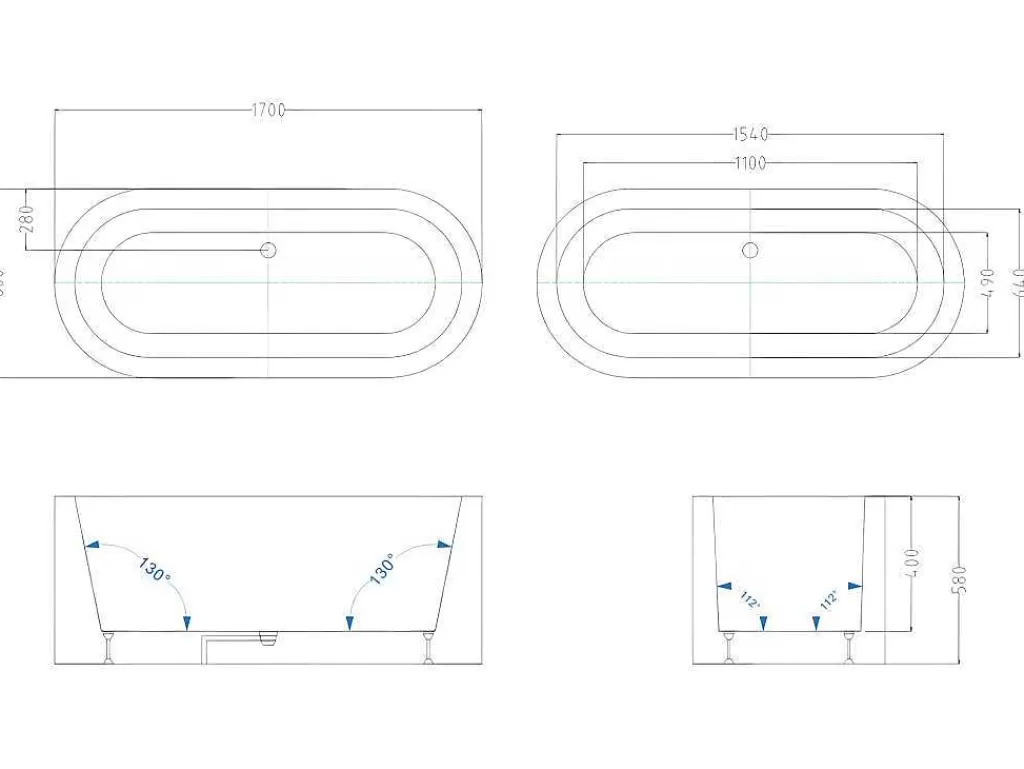 Banheira De Pousar*Shower & Design Banheira Clássica Oval 200 L, 170 X 80 X 58 Cm Cor Branca Em Acrilico - Neptuna