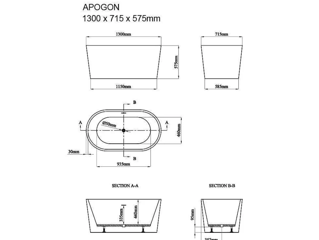 Banheira De Pousar*Shower & Design Banheira Clássica Oval De 180 L Dimensoes 130 X 71 X 58 Cm Cor Branco Em Acrilico - Apogon