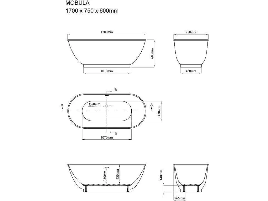 Banheira De Pousar*Shower & Design Banheira Clássica Oval De 240 L Dimensoes 170 X 75 X 60 Cm Cor Branco Em Acrilico - Mobula