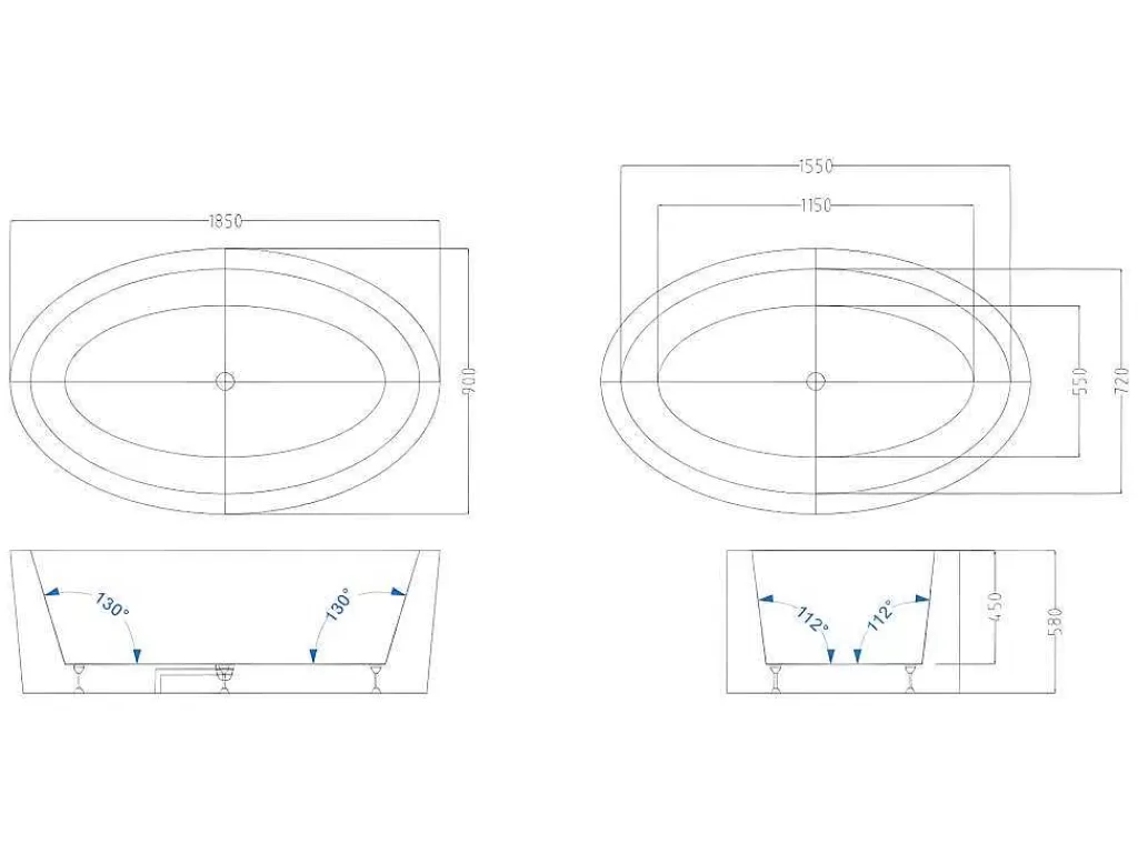 Banheira De Pousar*Shower & Design Banheira Clássica Oval De 251 L 185 X 90 X 50 Cm Preta Em Acrilico - Marmati