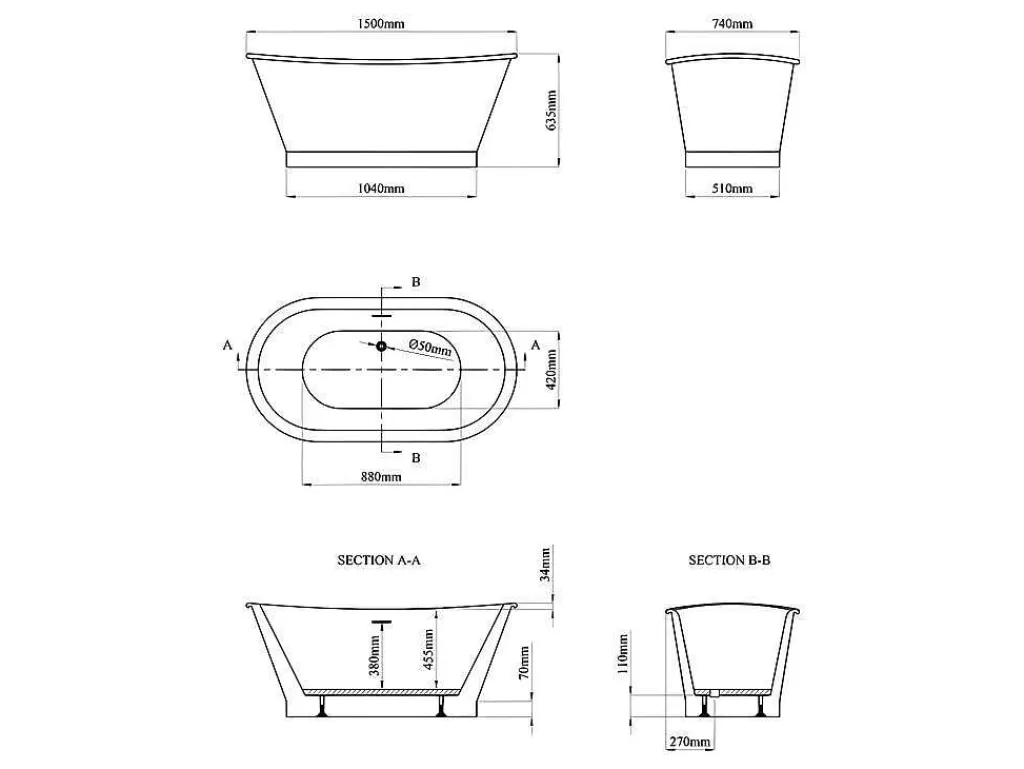 Banheira De Pousar*Shower & Design Banheira Clássica Oval Estilo Retro De 180 L, Dimensoes 150 X 74 X 63 Cm Cor Branco Em Acrilico - Pelmato