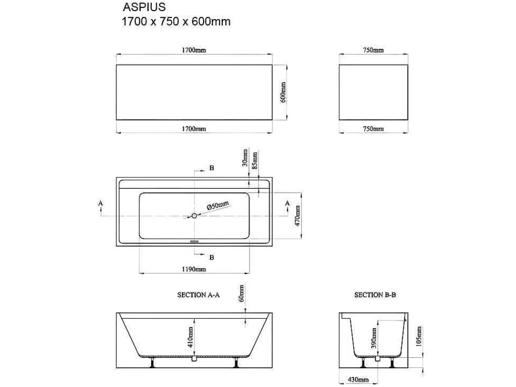 Banheira De Pousar*Shower & Design Banheira Clássica Retangular De 280 L Dimensoes 170 X 75 X 60 Cm Cor Branco Em Acrilico - Aspius