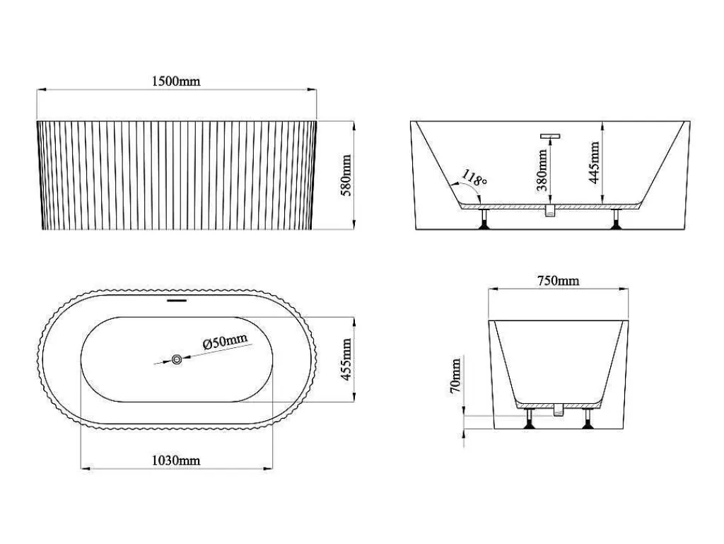 Banheira De Pousar*Shower & Design Banheira De Acrilico Estriada, Branco Brilhante, 220 L, 150 X 75 X 58 Cm - Aliena