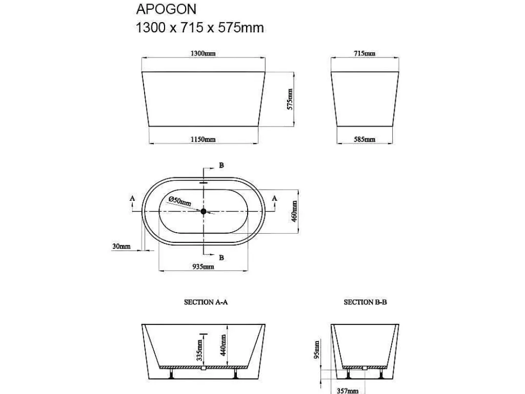 Banheira De Pousar*Shower & Design Banheira Oval Clássica, 180 L, 130 X 71 X 58 Cm Acrilico Preto - Apogon