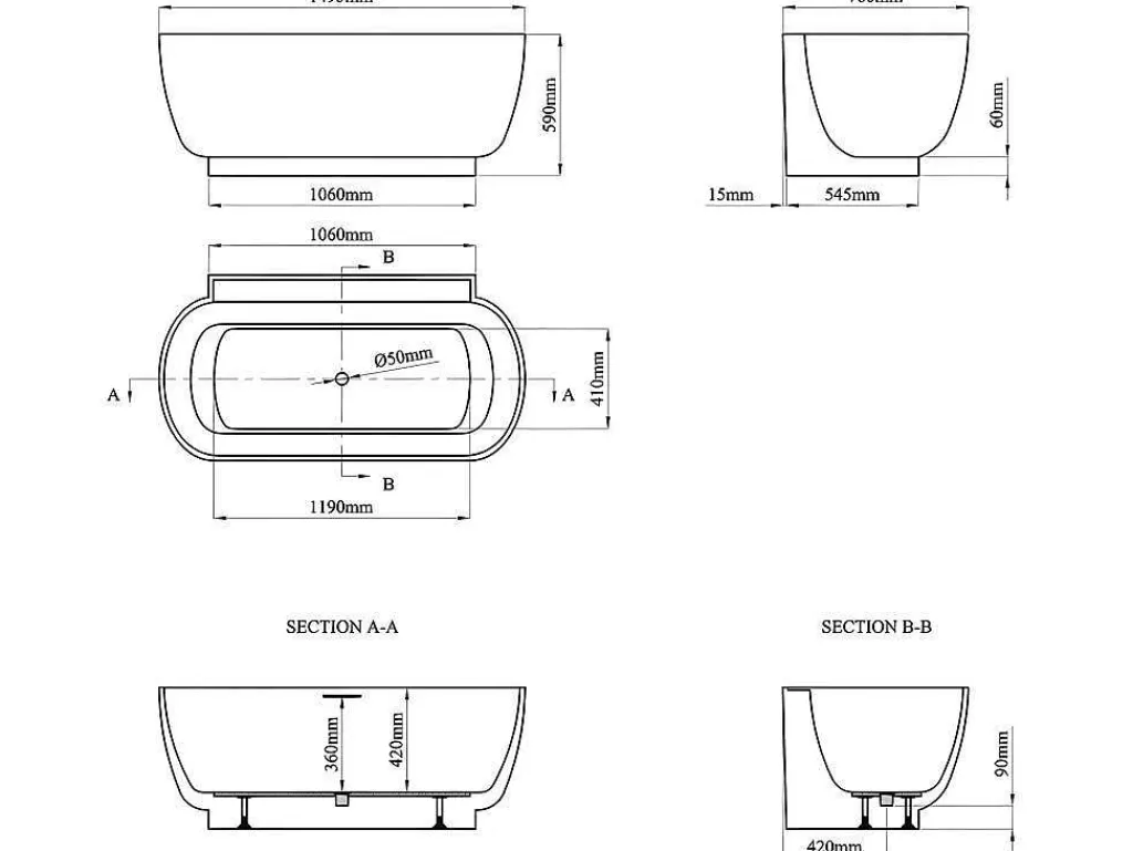 Banheira De Pousar E Encostar*Shower & Design Banheira Semi-Clássica Oval De 240 L, Dimensoes 150 X 76 X 58 Cm Cor Branco Em Acrilico - Vogler
