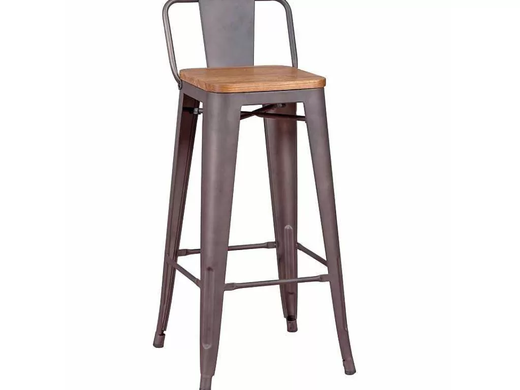 Bancos De Bar*Vente-unique Banqueta Industrial Em Aco Envelhecido Com Encosto Baixo E Assento Em Madeira - Bistro - Antiguidade