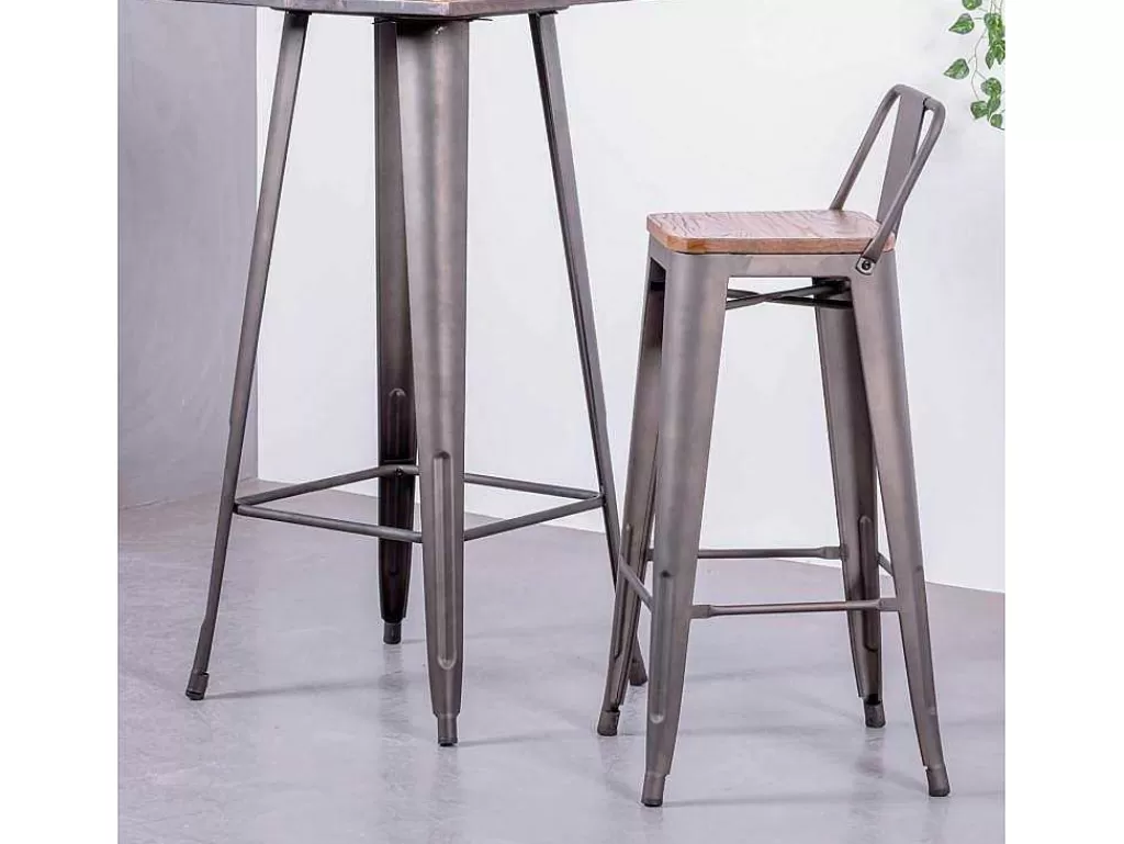 Bancos De Bar*Vente-unique Banqueta Industrial Em Aco Envelhecido Com Encosto Baixo E Assento Em Madeira - Bistro - Antiguidade