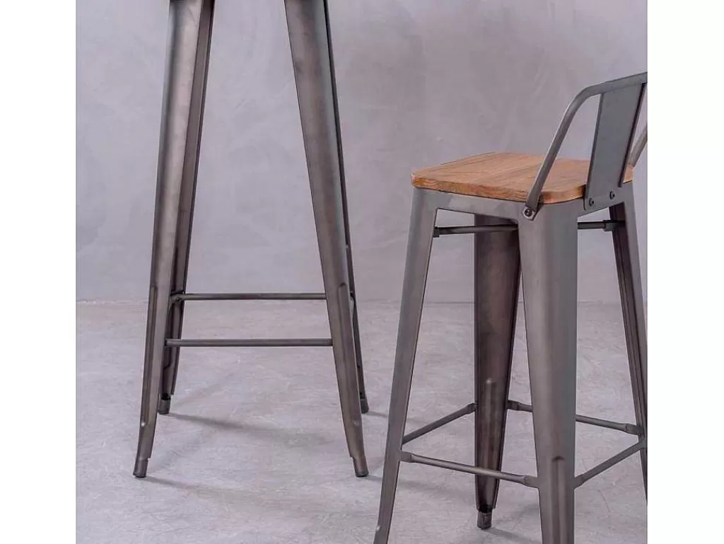 Bancos De Bar*Vente-unique Banqueta Industrial Em Aco Envelhecido Com Encosto Baixo E Assento Em Madeira - Bistro - Antiguidade