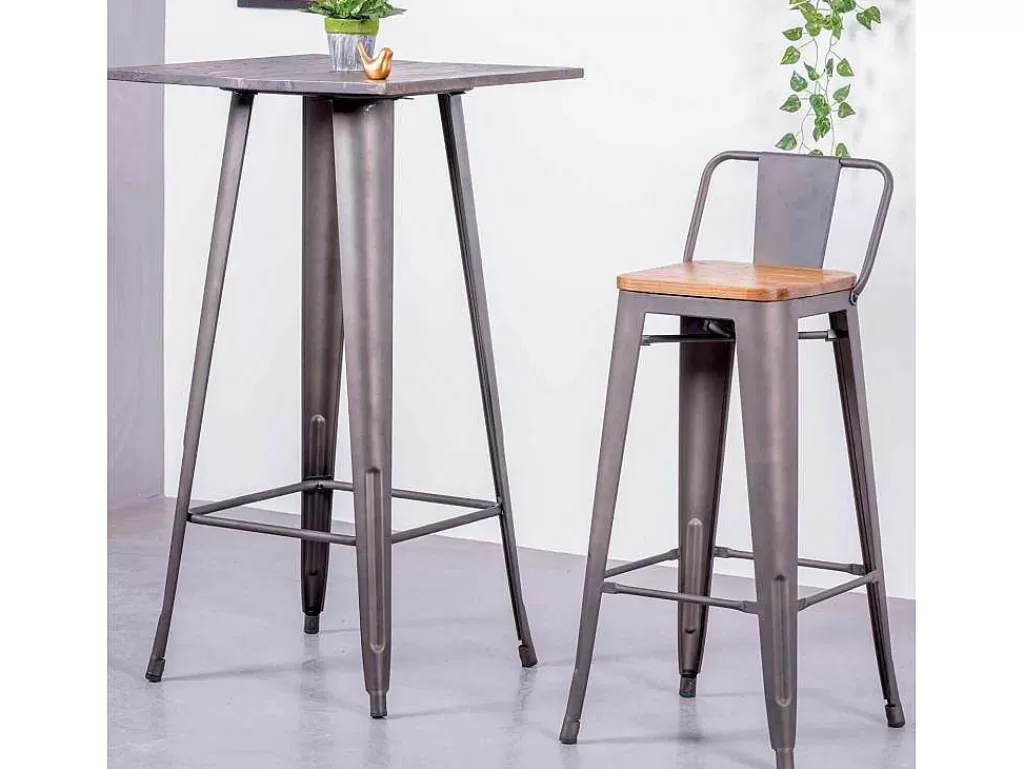 Bancos De Bar*Vente-unique Banqueta Industrial Em Aco Envelhecido Com Encosto Baixo E Assento Em Madeira - Bistro - Antiguidade