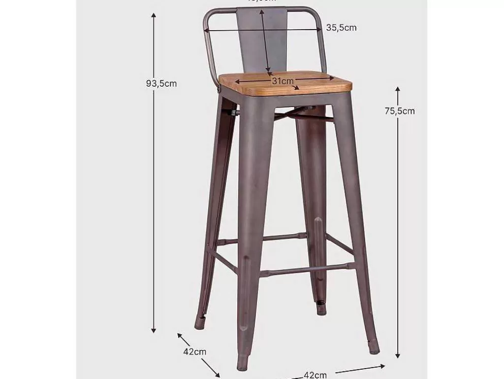 Bancos De Bar*Vente-unique Banqueta Industrial Em Aco Envelhecido Com Encosto Baixo E Assento Em Madeira - Bistro - Antiguidade