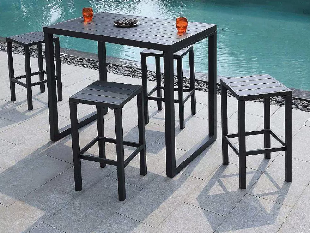 Bar De Jardim*MYLIA Bar De Jardim E 4 Bancos Altos Em Aluminio - Cinza Escuro - Walpole De