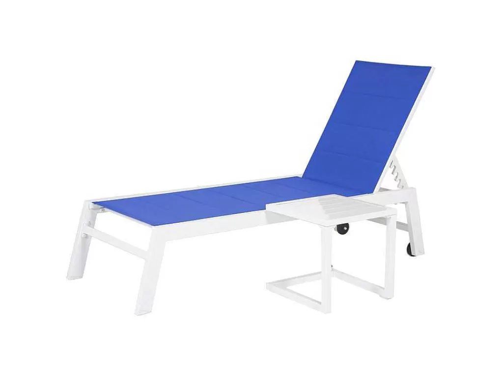 Espreguiçadeira*Happy Garden Barbados Espreguiçadeira E Mesa De Cabeceira Em Têxtilene Azul - Aluminio Branco
