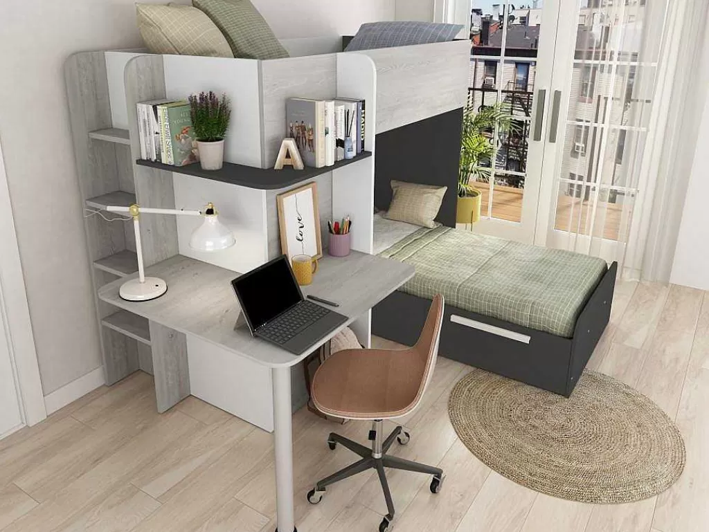 Beliche*Vente-unique Beliche 2 X 90 X 190 Cm Com Secretária Cinzento, Branco E Preto + Colchão - Samuel