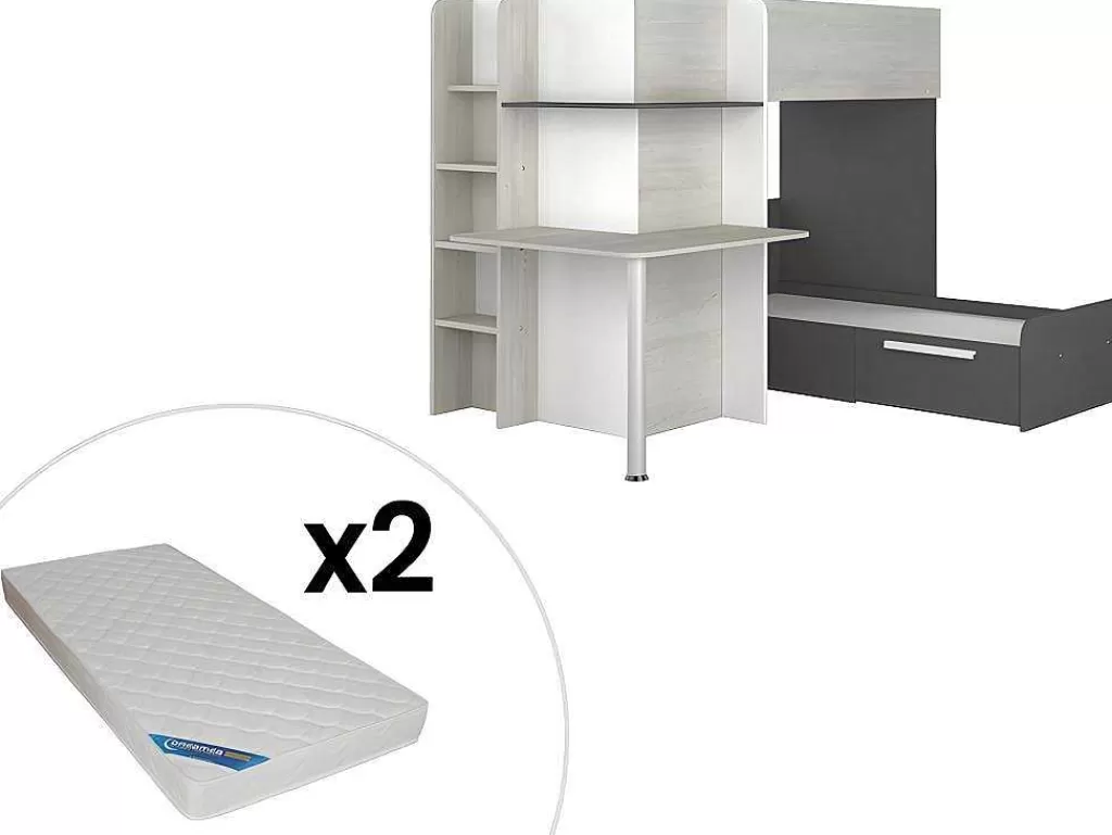 Beliche*Vente-unique Beliche 2 X 90 X 190 Cm Com Secretária Cinzento, Branco E Preto + Colchão - Samuel