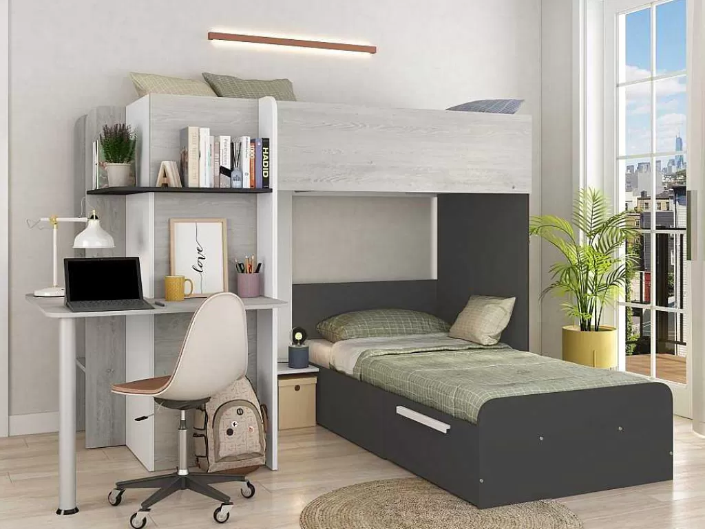 Beliche*Vente-unique Beliche 2 X 90 X 190 Cm Com Secretária Cinzento, Branco E Preto + Colchão - Samuel