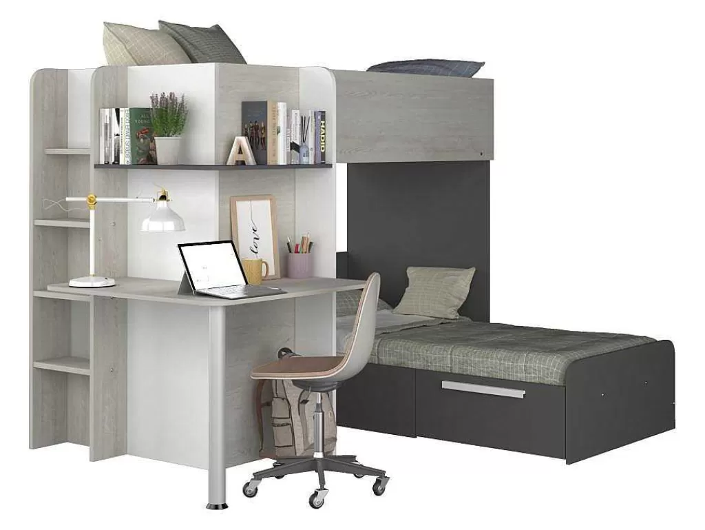Beliche*Vente-unique Beliche 2 X 90 X 190 Cm Com Secretária Cinzento, Branco E Preto + Colchão - Samuel