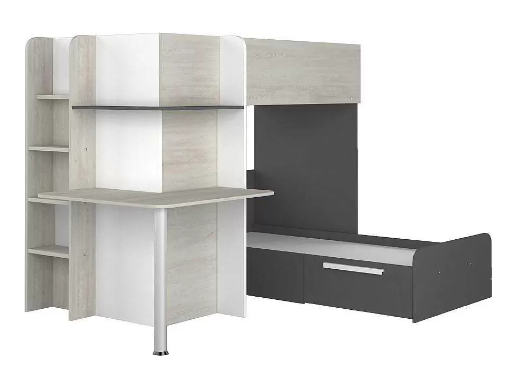Beliche*Vente-unique Beliche 2 X 90 X 190 Cm Com Secretária Cinzento, Branco E Preto + Colchão - Samuel