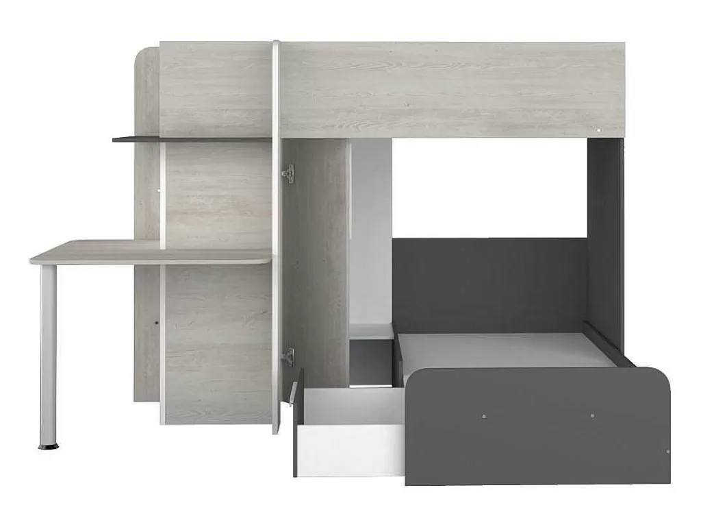 Beliche*Vente-unique Beliche 2 X 90 X 190 Cm Com Secretária Cinzento, Branco E Preto + Colchão - Samuel
