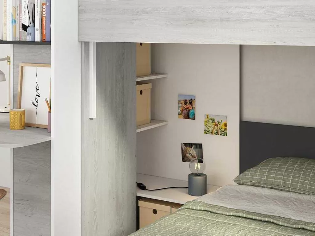 Beliche*Vente-unique Beliche 2 X 90 X 190 Cm Com Secretária Cinzento, Branco E Preto + Colchão - Samuel