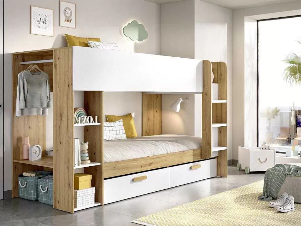 Cama De Criança*Vente-unique Beliche 2X90X200 Cm Com Espacos De Arrumação E Barra De Pendurados Branco E Natural - Ozana