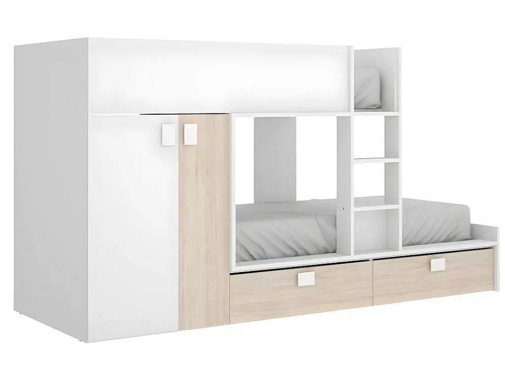 Beliche*Vente-unique Beliche Com Armário Integrado De 2 X 90 X 190 Cm Cor Branco E Natural + Colchão - Juanito