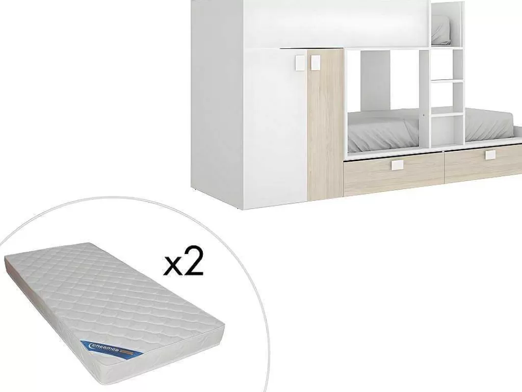 Beliche*Vente-unique Beliche Com Armário Integrado De 2 X 90 X 190 Cm Cor Branco E Natural + Colchão - Juanito