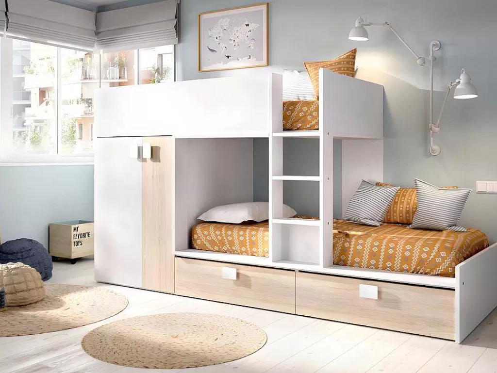 Cama De Criança*Vente-unique Beliche Com Armário Integrado De 2 X 90 X 190 Cm Cor Branco E Natural - Juanito
