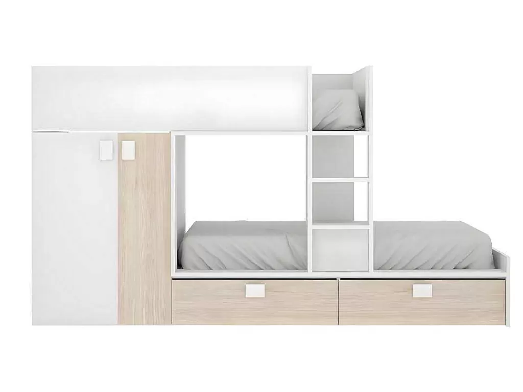Cama De Criança*Vente-unique Beliche Com Armário Integrado De 2 X 90 X 190 Cm Cor Branco E Natural - Juanito