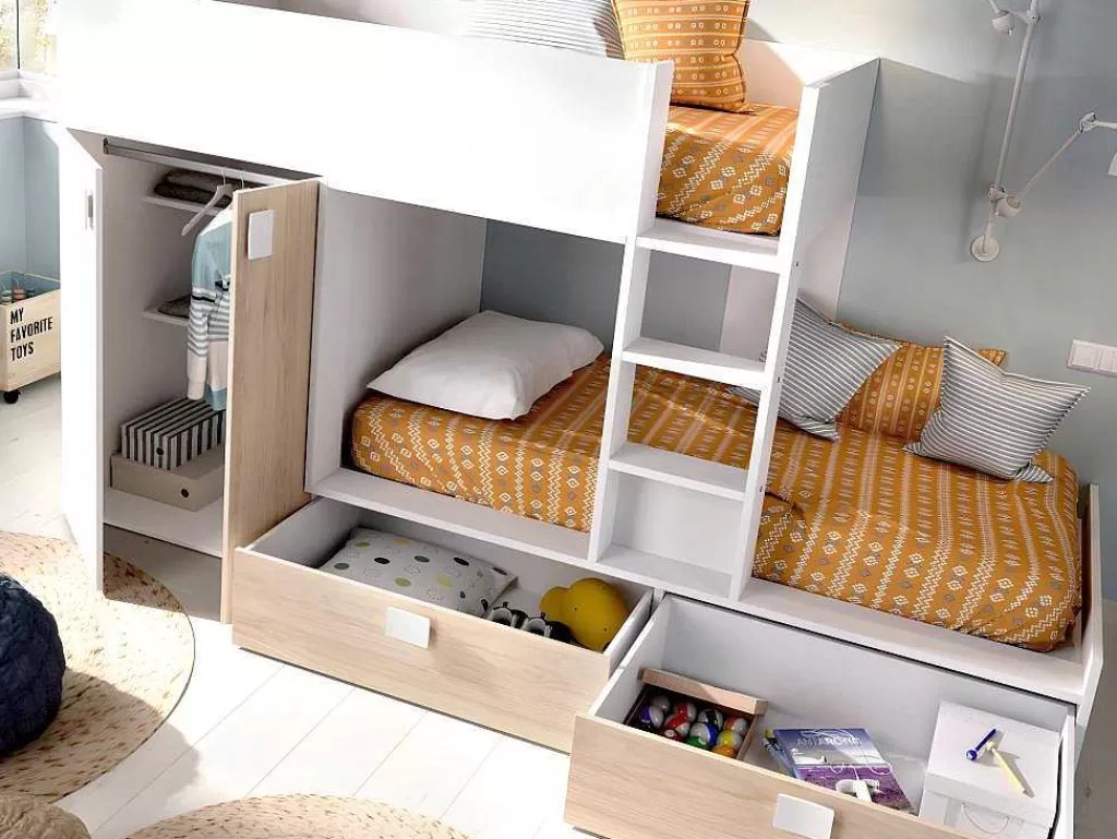 Cama De Criança*Vente-unique Beliche Com Armário Integrado De 2 X 90 X 190 Cm Cor Branco E Natural - Juanito