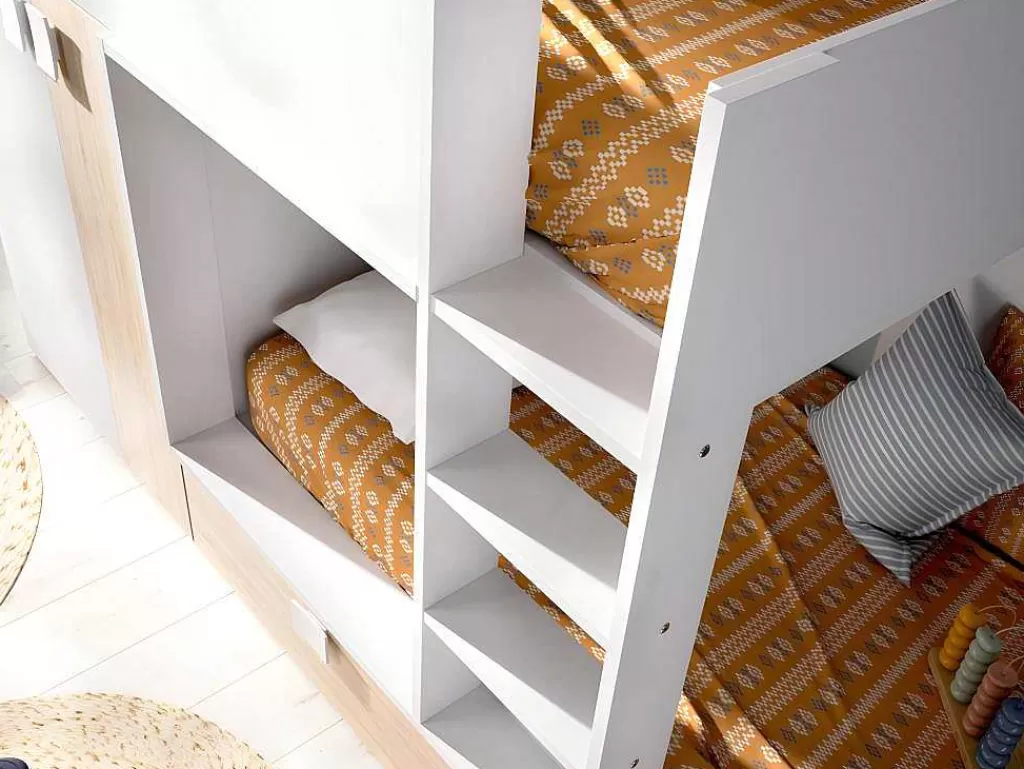Cama De Criança*Vente-unique Beliche Com Armário Integrado De 2 X 90 X 190 Cm Cor Branco E Natural - Juanito