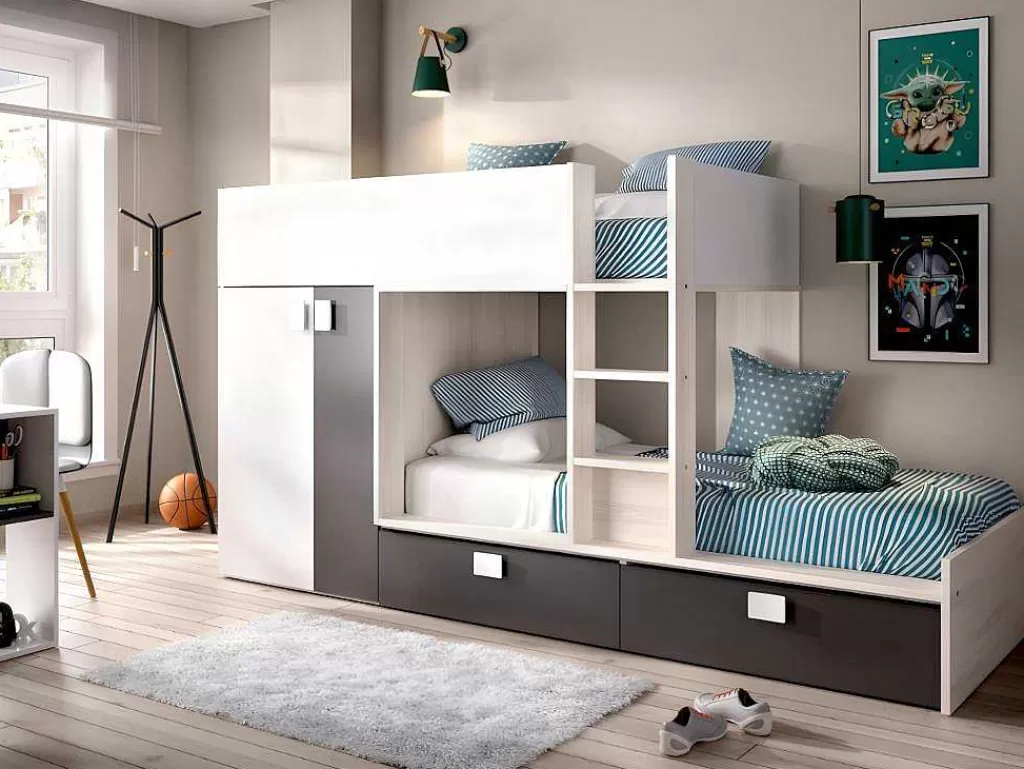 Beliche*Vente-unique Beliche Com Armário Integrado De 2 X 90 X 190 Cm Cor Branco, Natural E Antracite - Juanito