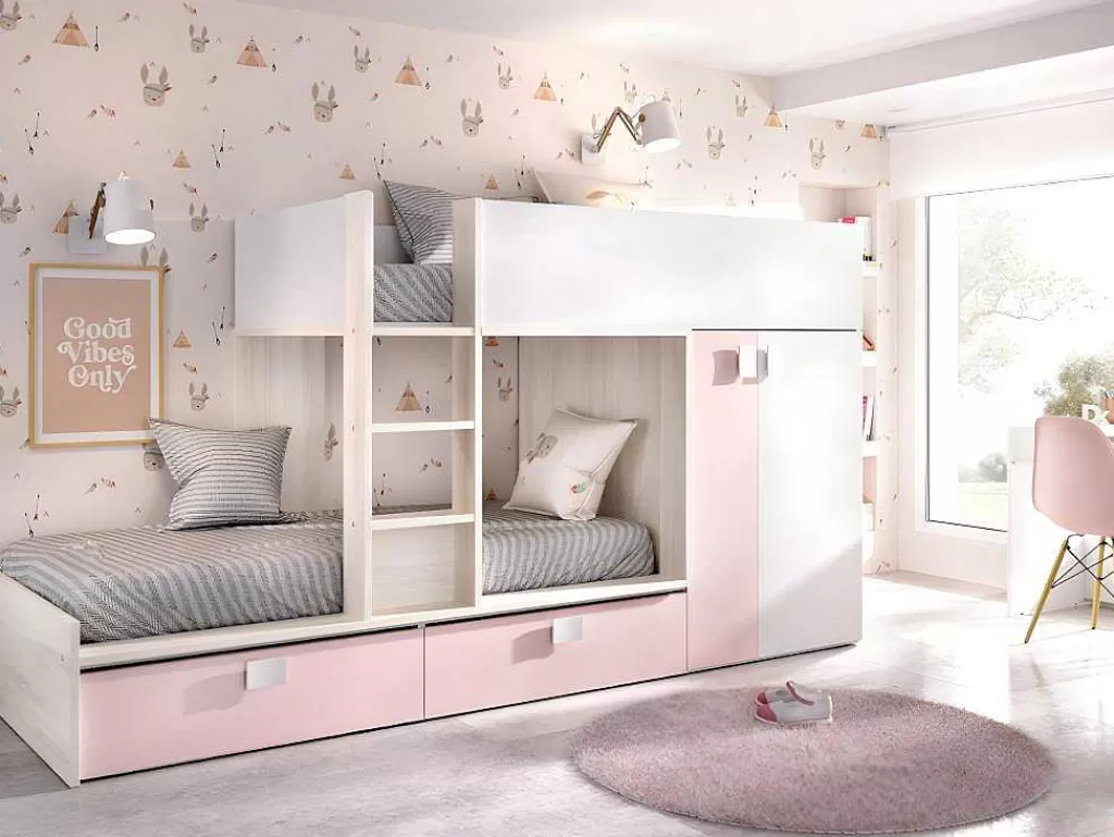 Beliche*Vente-unique Beliche Com Armário Integrado De 2 X 90 X 190 Cm Cor Branco, Natural E Rosa - Juanito
