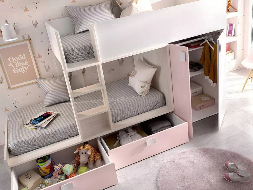 Beliche*Vente-unique Beliche Com Armário Integrado De 2 X 90 X 190 Cm Cor Branco, Natural E Rosa - Juanito