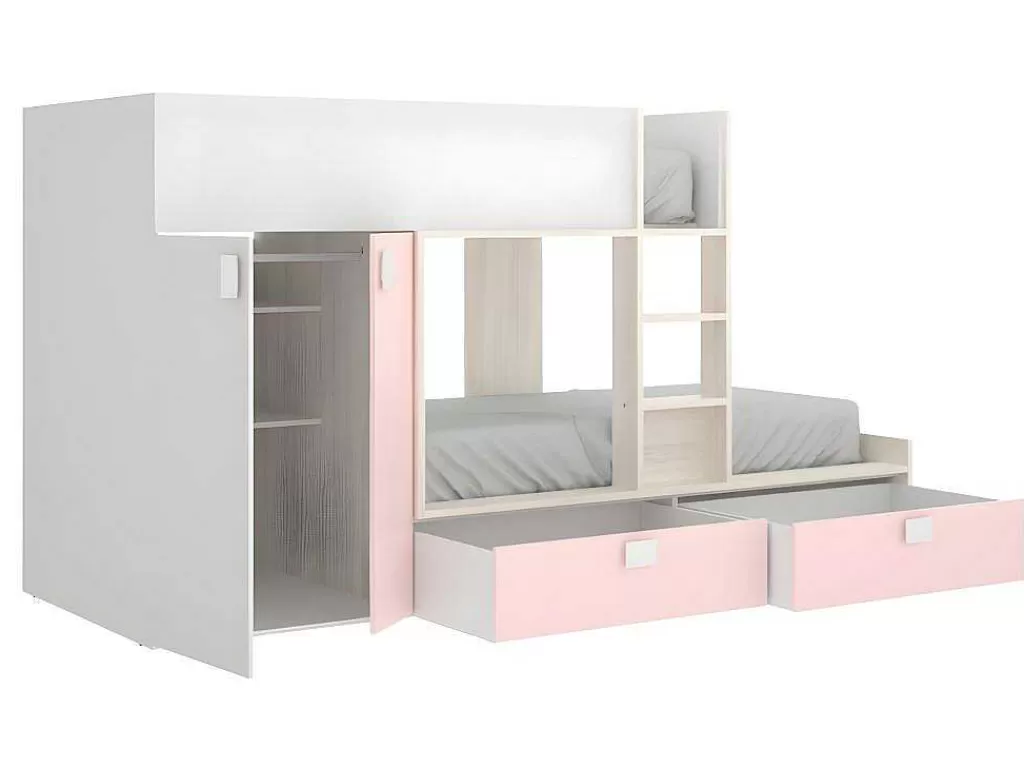 Beliche*Vente-unique Beliche Com Armário Integrado De 2 X 90 X 190 Cm Cor Branco, Natural E Rosa - Juanito