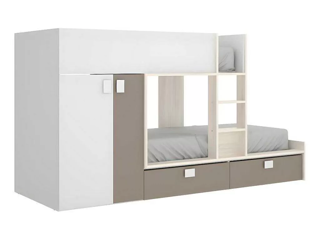 Beliche*Vente-unique Beliche Com Armário Integrado De 2 X 90 X 190 Cm Cor Branco, Natural E Taupe - Juanito