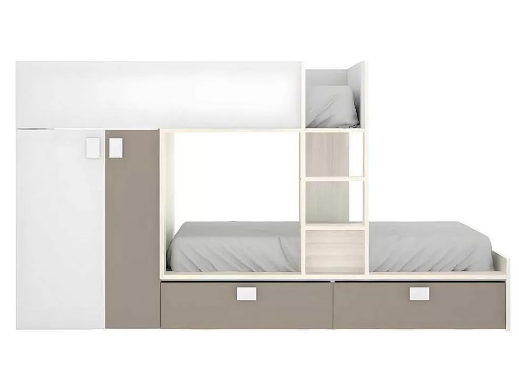 Beliche*Vente-unique Beliche Com Armário Integrado De 2 X 90 X 190 Cm Cor Branco, Natural E Taupe - Juanito
