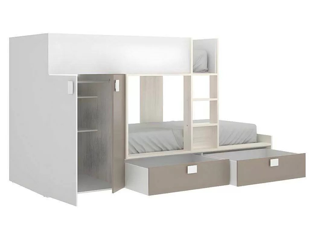 Beliche*Vente-unique Beliche Com Armário Integrado De 2 X 90 X 190 Cm Cor Branco, Natural E Taupe - Juanito