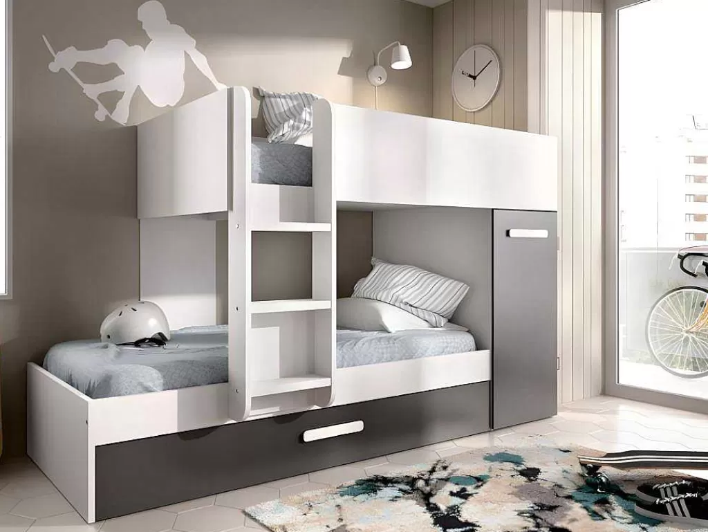Beliche*Vente-unique Beliche Com Gaveta Cama Dupla E Com Espacos De Arrumação 3X90X190 Cm Cor Antracite E Branco + Colchões - Anthony
