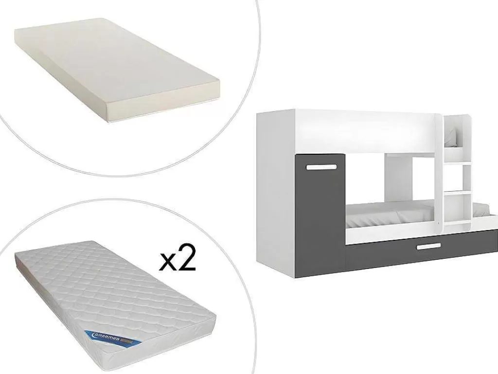 Beliche*Vente-unique Beliche Com Gaveta Cama Dupla E Com Espacos De Arrumação 3X90X190 Cm Cor Antracite E Branco + Colchões - Anthony