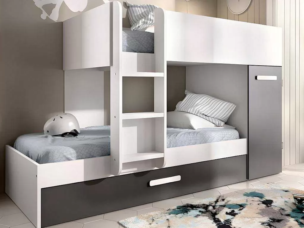Beliche*Vente-unique Beliche Com Gaveta Cama Dupla E Com Espacos De Arrumação 3X90X190 Cm Cor Antracite E Branco + Colchões - Anthony