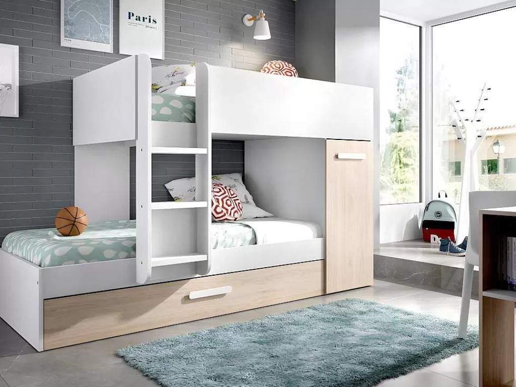 Cama De Criança*Vente-unique Beliche Com Gaveta Cama Dupla E Com Espacos De Arrumação 3X90X190 Cm Cor Branco E Natural - Anthony