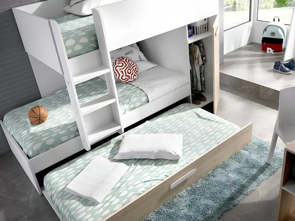Cama De Criança*Vente-unique Beliche Com Gaveta Cama Dupla E Com Espacos De Arrumação 3X90X190 Cm Cor Branco E Natural - Anthony