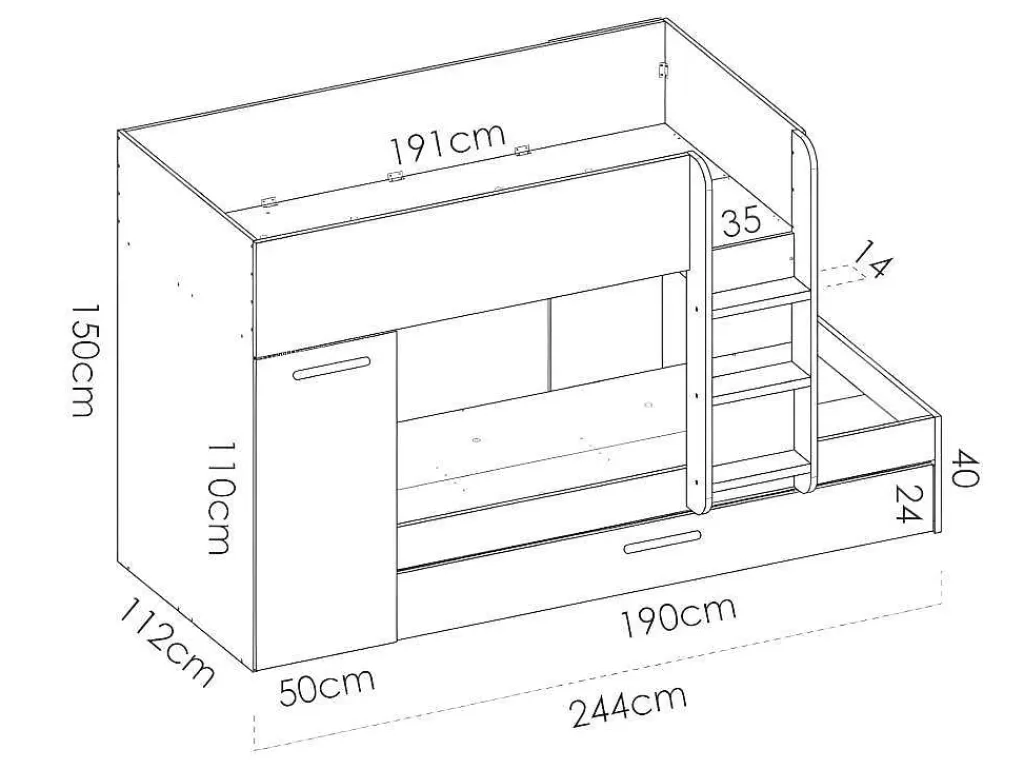 Cama De Criança*Vente-unique Beliche Com Gaveta Cama Dupla E Com Espacos De Arrumação 3X90X190 Cm Cor Branco E Natural - Anthony