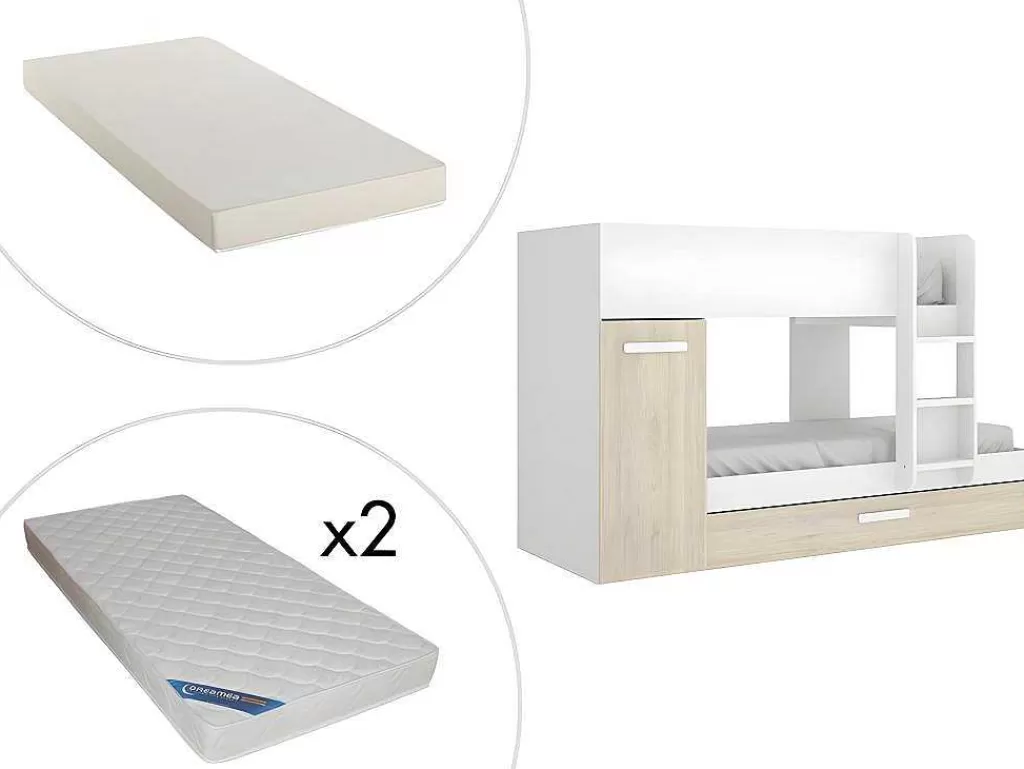 Cama De Criança*Vente-unique Beliche Com Gaveta Cama Dupla E Com Espacos De Arrumação 3X90X190 Cm Cor Branco E Natural + Colchões - Anthony