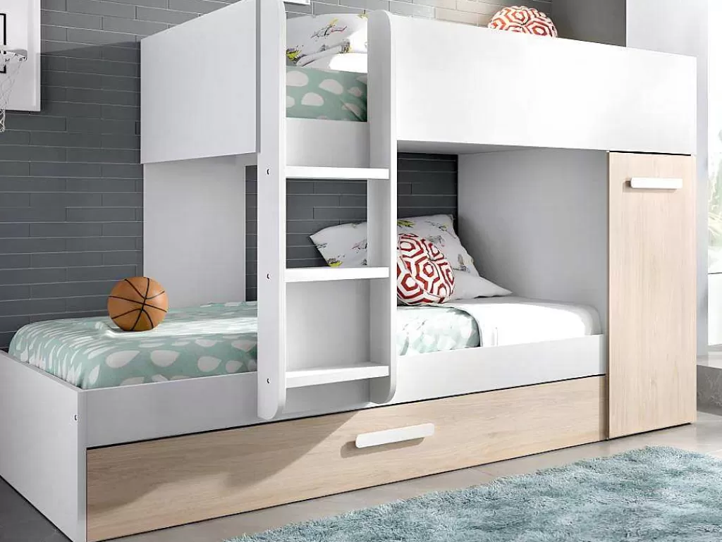 Cama De Criança*Vente-unique Beliche Com Gaveta Cama Dupla E Com Espacos De Arrumação 3X90X190 Cm Cor Branco E Natural + Colchões - Anthony